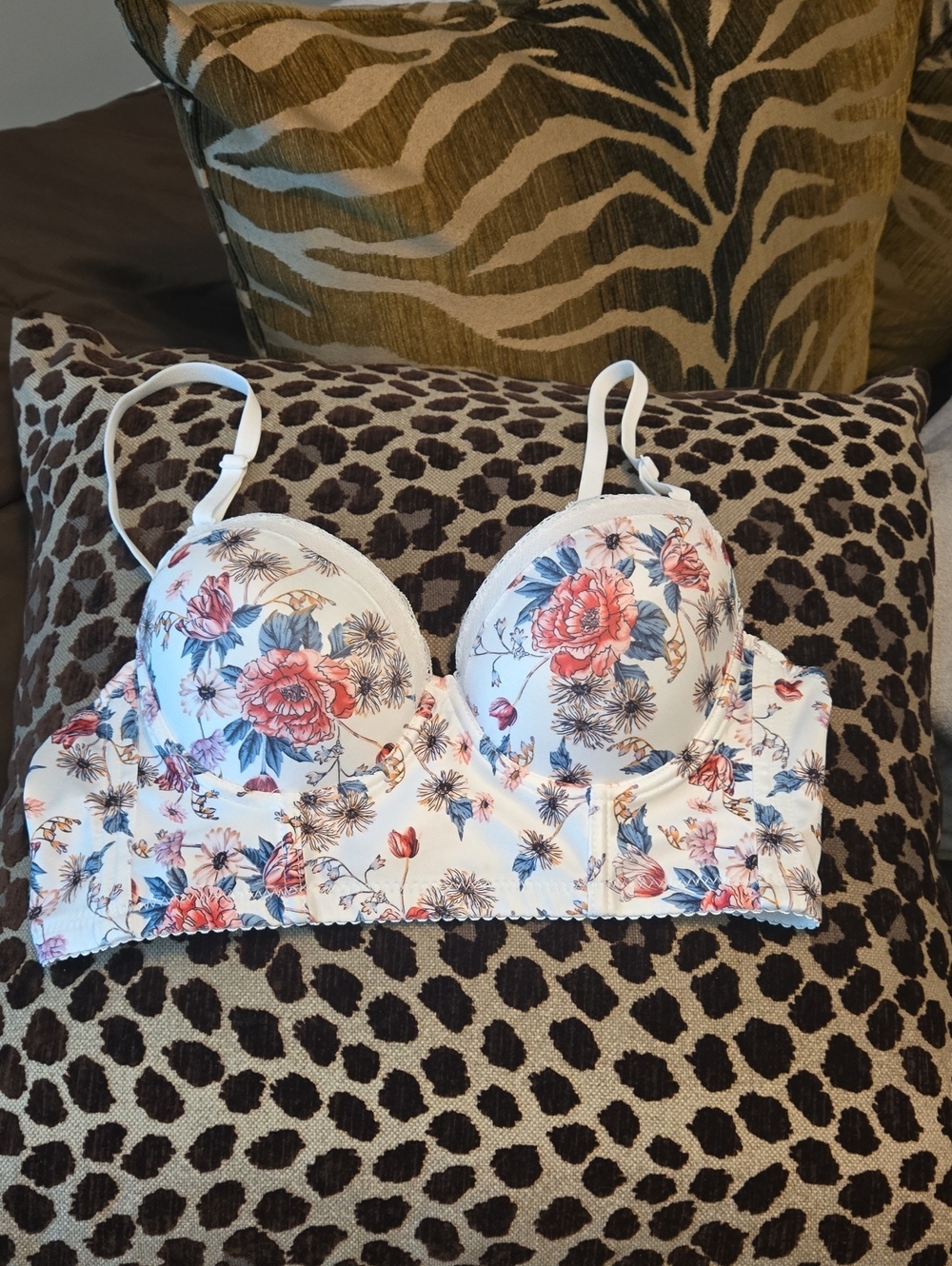 Women’s Floral Lace-Trim Push UP Bra-White w/Pink & Blue Flowers SZ M (Appx 34C)